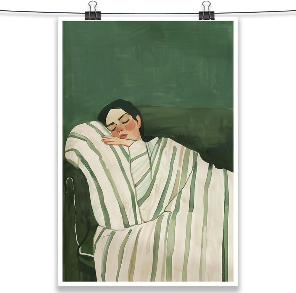 Contemporary woman reclining on a sofa wall decoration, eclectic emerald green poster, minimalist striped decoration, modern portrait canvas painting - Image 2