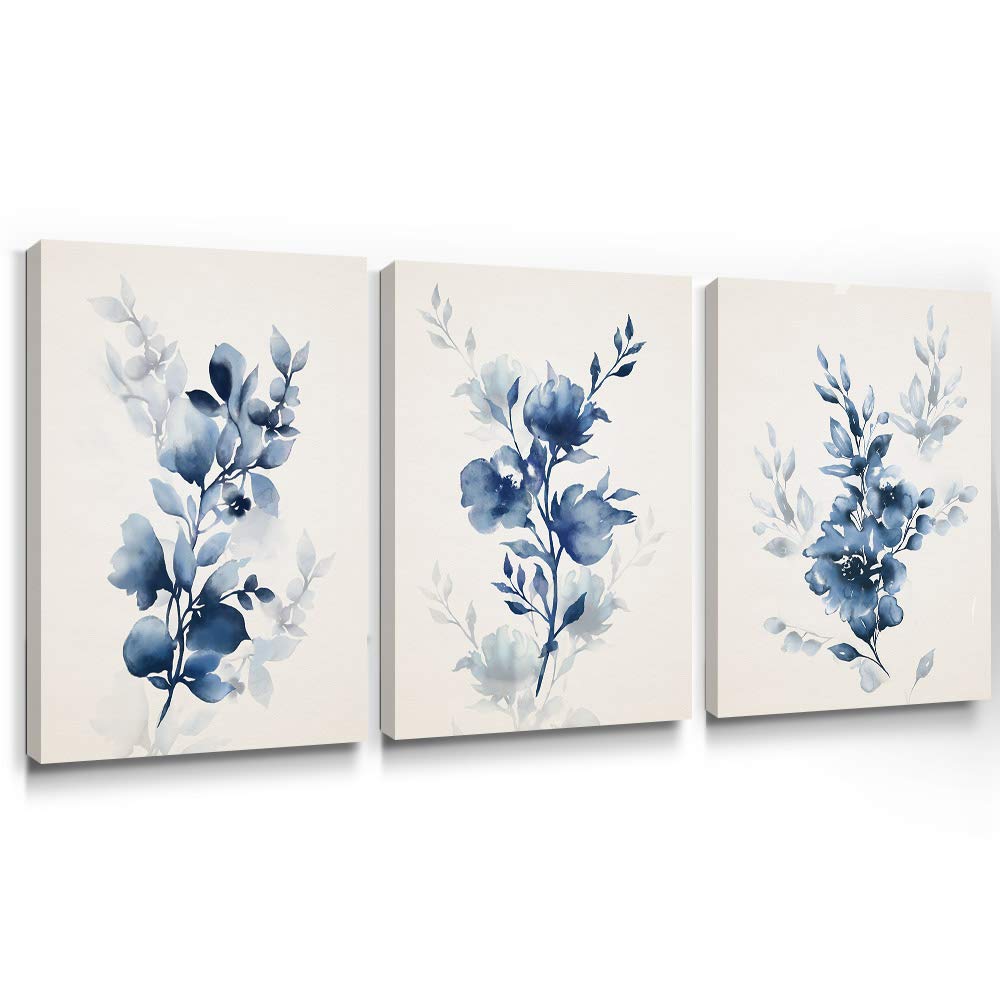 Floral wall art, modern blue floral watercolor painting, framed, home decoration plant art, ready to hang.