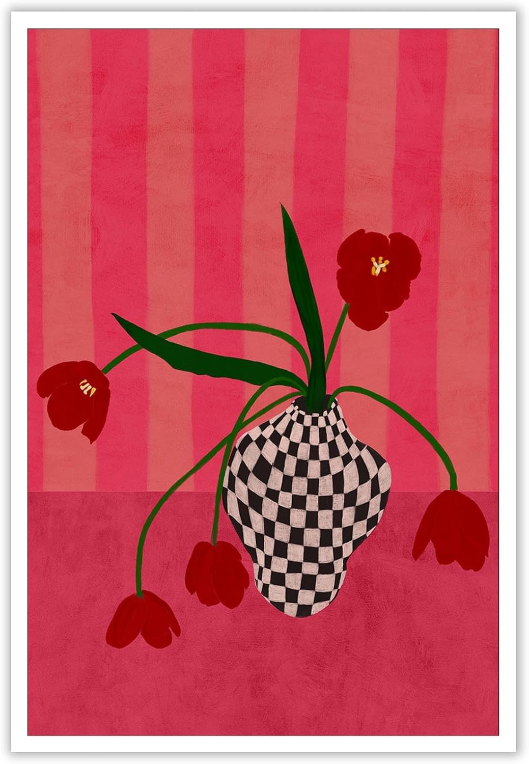 Contemporary eclectic canvas wall decoration, tulip print poster in a checkered vase, whimsical floral art