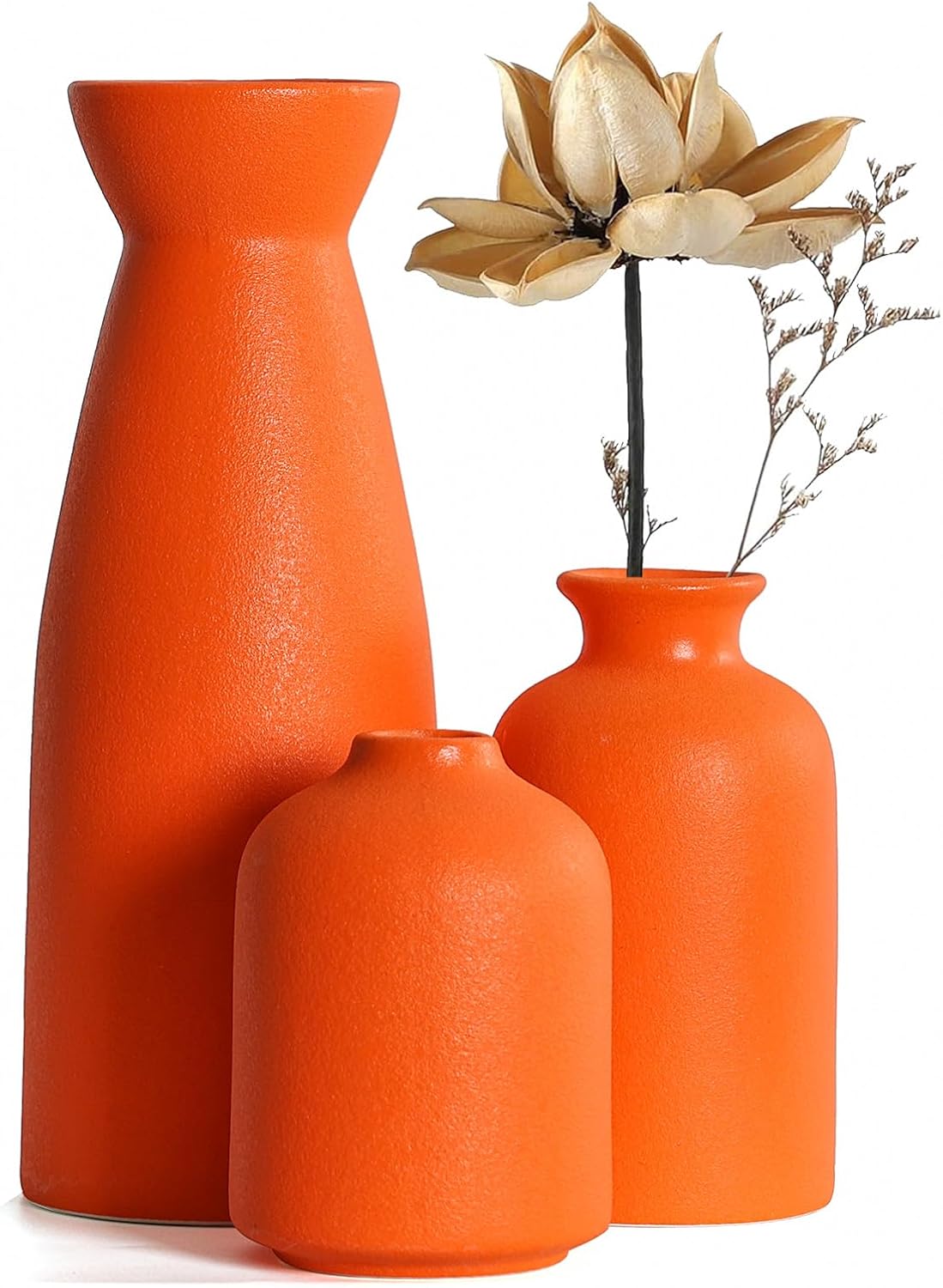 Orange Ceramic Vase Set (3 pieces), Small Vases, Decorative, Suitable for Pampas Grass, Creative Ornaments