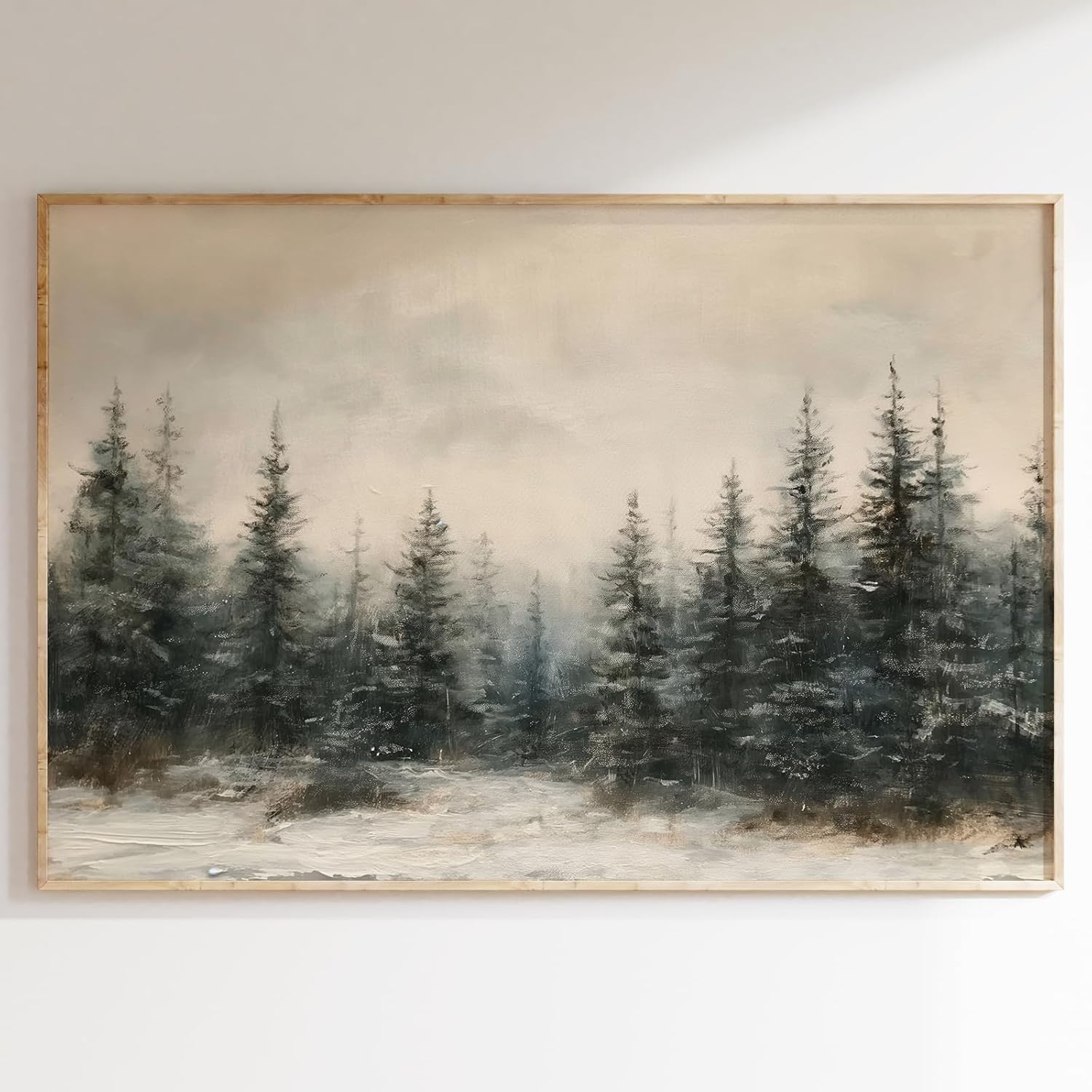 Winter forest canvas wall art, vintage Christmas painting, evergreen art piece, winter landscape art painting