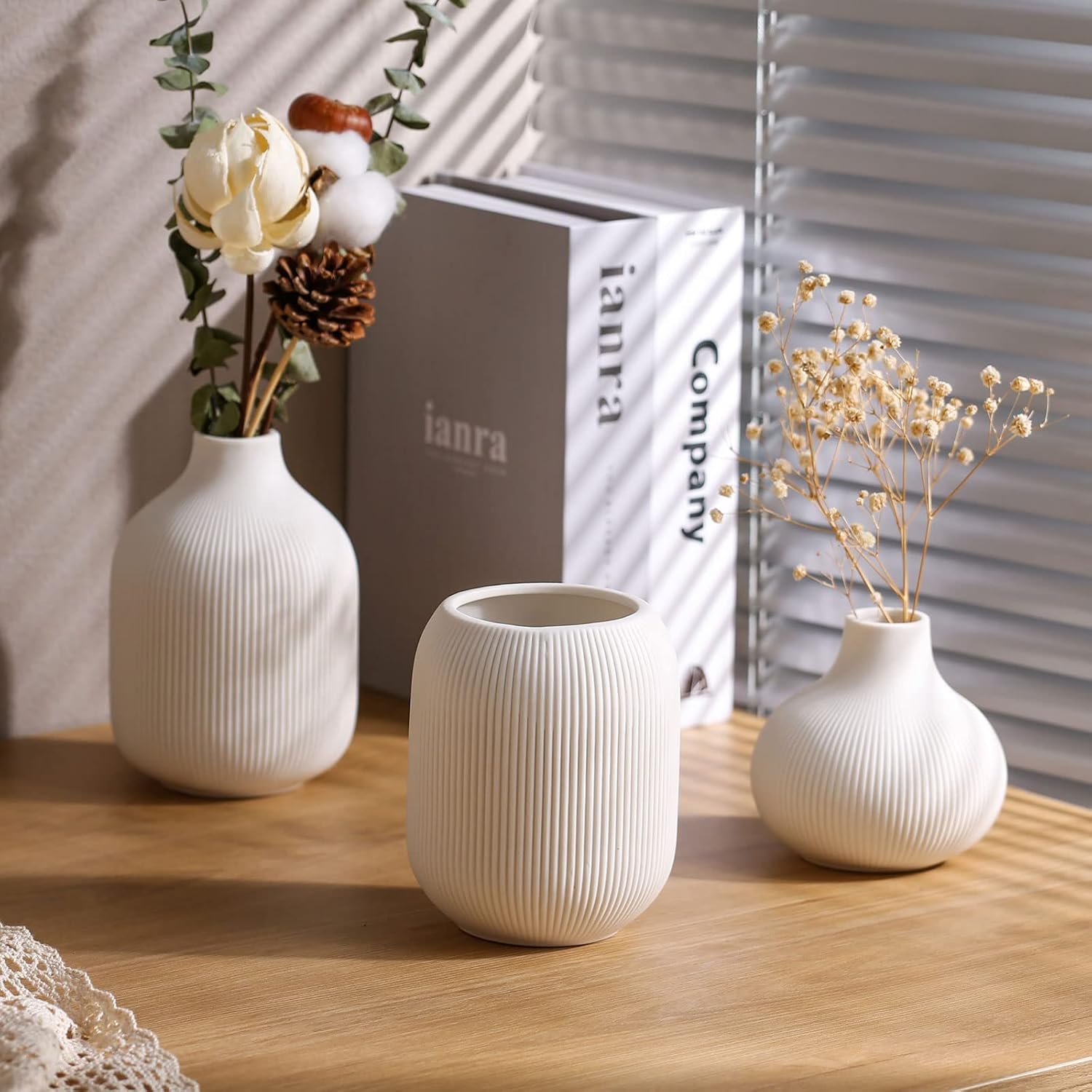 Modern Minimalist White Ceramic Decorative Vase Set of Three, Neutral Small Ribbed Vase - Image 2