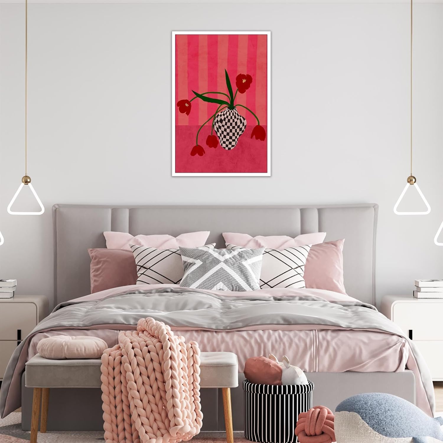 Contemporary eclectic canvas wall decoration, tulip print poster in a checkered vase, whimsical floral art - Image 2