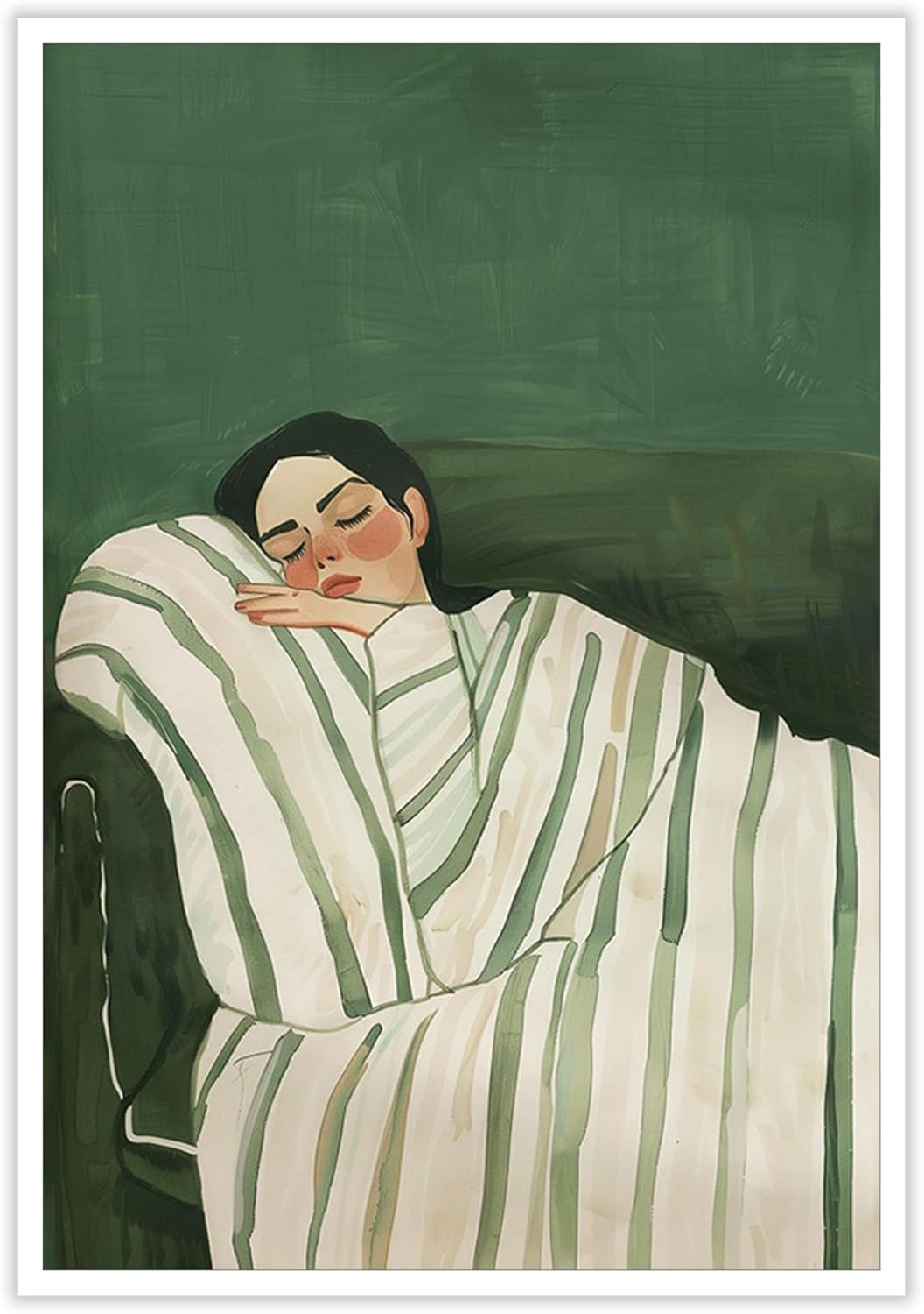 Contemporary woman reclining on a sofa wall decoration, eclectic emerald green poster, minimalist striped decoration, modern portrait canvas painting