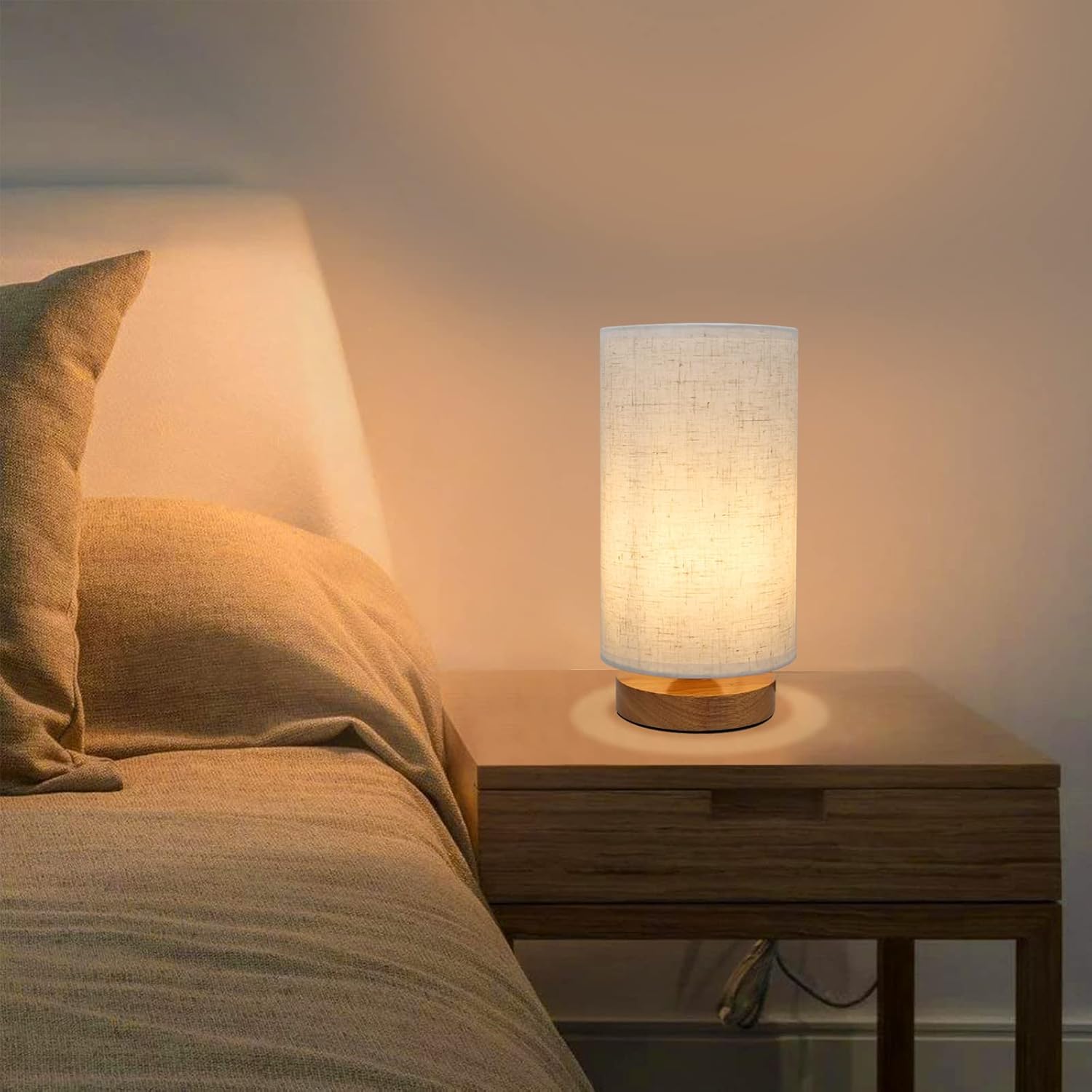 Small Minimalist Bedside Table Lamp with Round Linen Shade - Image 2