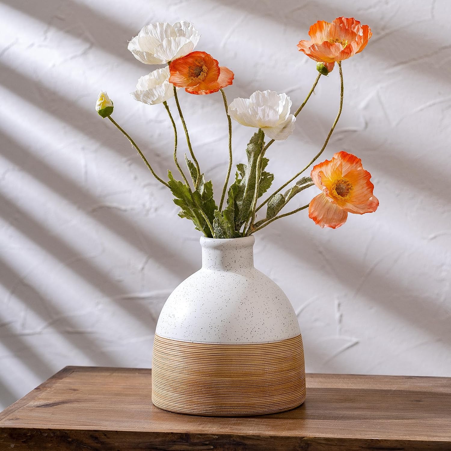 Large Country Farmhouse Style Ceramic Vase, Vintage Reed White Modern Decorative Ceramic Vase