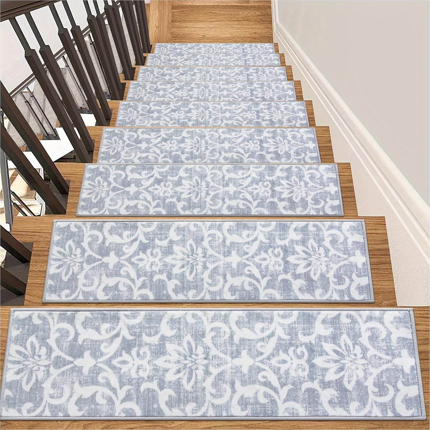 Non-slip base carpet stair treads, 15-pack, 8" x 30" for indoor wooden stairs, soft, washable, oriental style stair rug