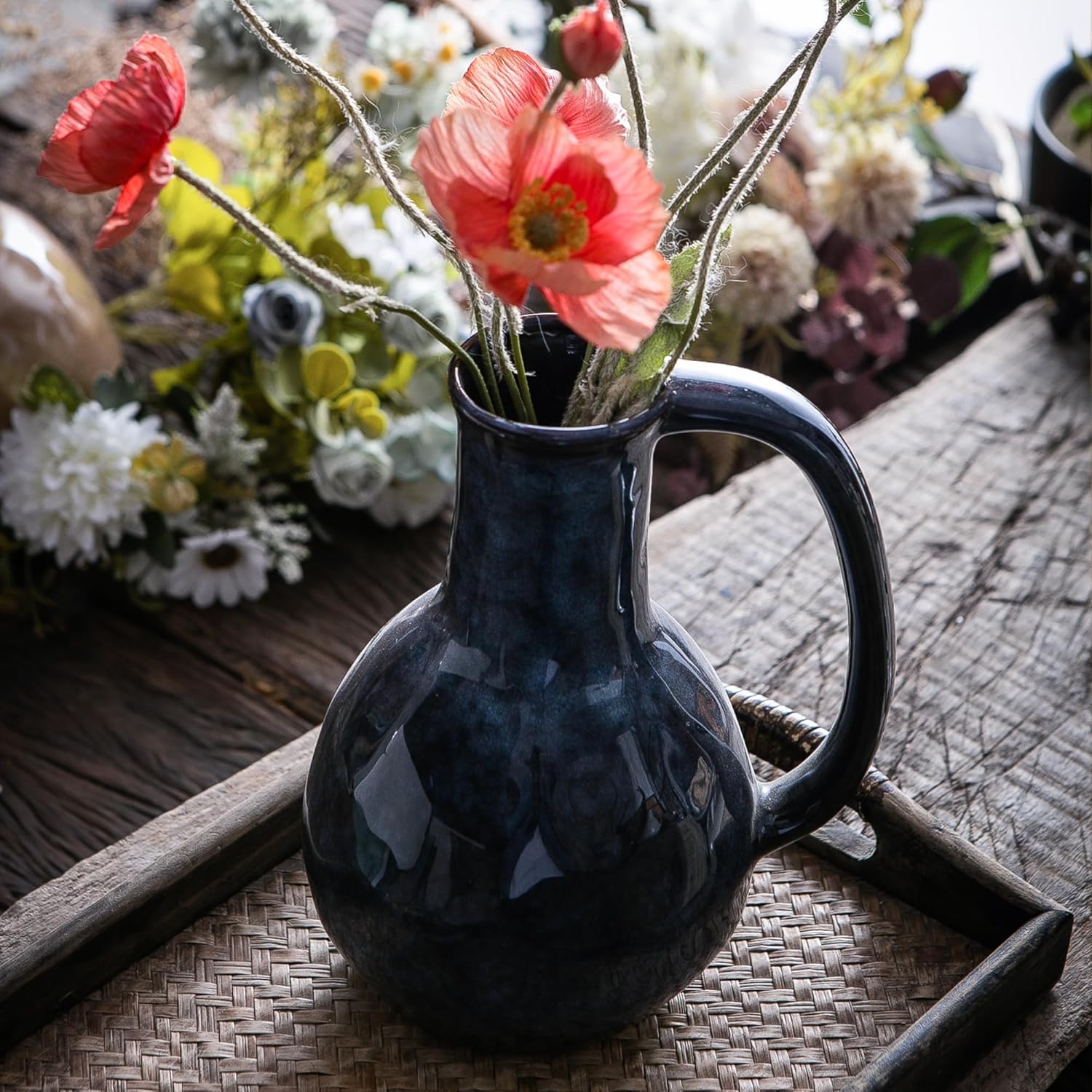 Ceramic Vase with Large Handle, Modern Farmhouse Style Vase, Rustic Ceramic Vase - Image 2